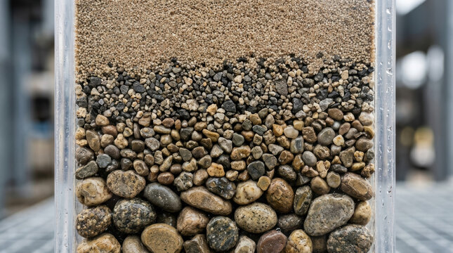 Sand filter layer gravel layer stone layer water filter filtration media sediment filter texture closeup macro industrial treatment