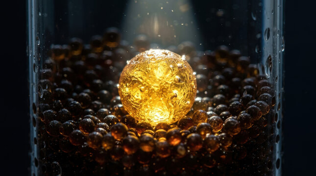 Macro shot resin bead glowing in dark liquid, golden sphere among dark resin beads, chemical process close up, science abstract