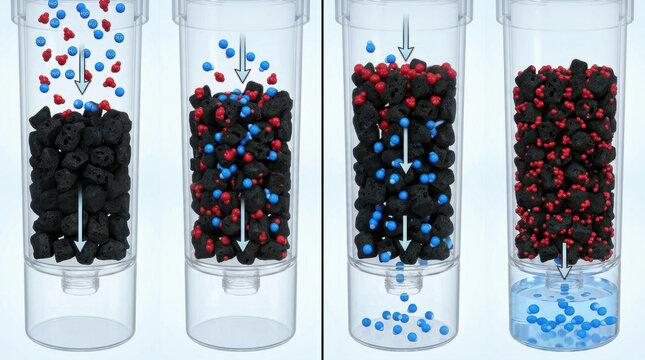Water filtration process in carbon filter with molecule illustration