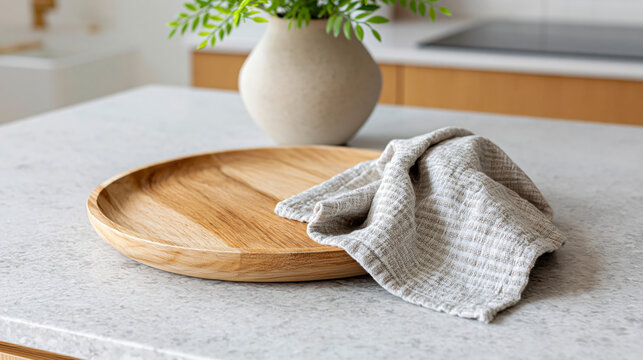 Minimalist Kitchen Counter with Wood Tray and Linen Cloth, Modern Home Decor