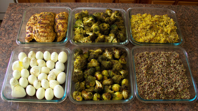 Overhead view of six clear glass containers filled with portioned meals of chicken