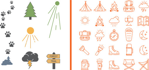 Camping and outdoor adventure vector icon set featuring equipment and nature elements. Ideal for hiking guides and wilderness exploration themes © reza