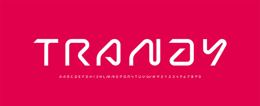 Technical future font, trendy digital cyber alphabet, letters from A, B, C, D, E, F, G, H, I, J, K, L, M, N, O, P, Q, R, S, T, U, V, W, X, Y, Z and numbers from 0, 1, 2, 3, 4, 5, 6, 7, 8, 9 for design