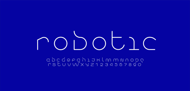 Technology font, digital cyber alphabet, thin white letters A, B, C, D, E, F, G, H, I, J, K, L, M, N, O, P, Q, R, S, T, U, V, W, X, Y, Z and numerals 0, 1, 2, 3, 4, 5, 6, 7, 8, 9 space style