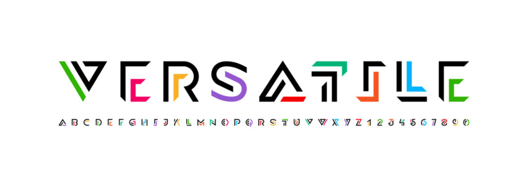 Logo font alphabet from segment multi colored lines, letters A, B, C, D, E, F, G, H, I, J, K, L, M, N, O, P, Q, R, S, T, U, V, W, X, Y, Z and numerals 0, 1, 2, 3, 4, 5, 6, 7, 8, 9, vector illustration