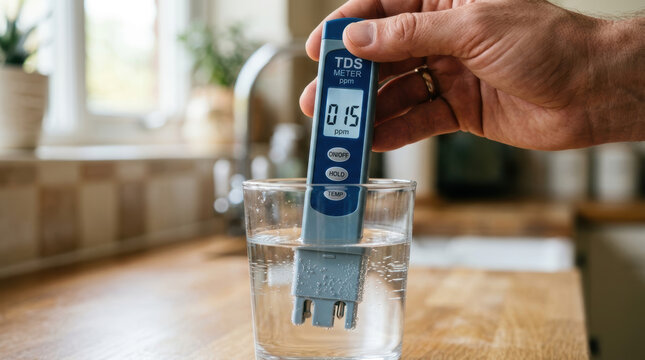 TDS meter testing clear water in glass cup, hand holding digital water quality device in kitchen