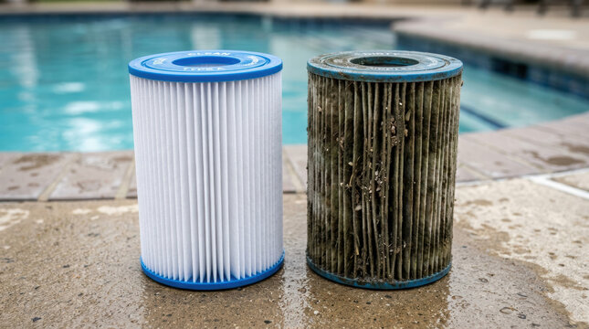 Clean pool filter cartridge dirty pool filter cartridge swimming pool maintenance water filtration comparison