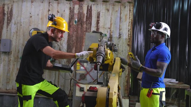 Safety training workshop for construction workers industrial site instructional video workshop environment close-up view teamwork concept