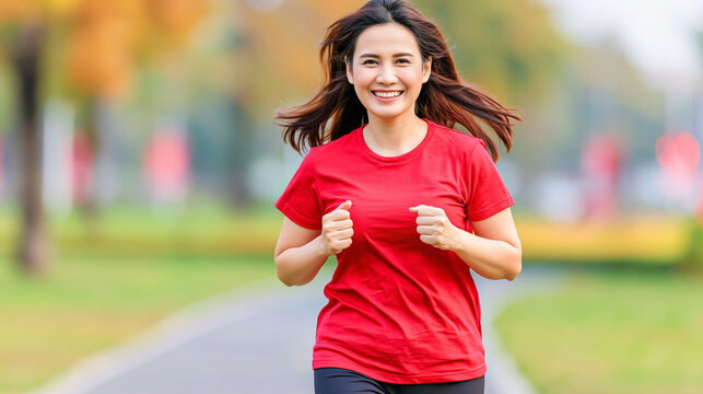 Woman in red t-shirt jogging on park path during autumn with t shirt exercise outdoors
