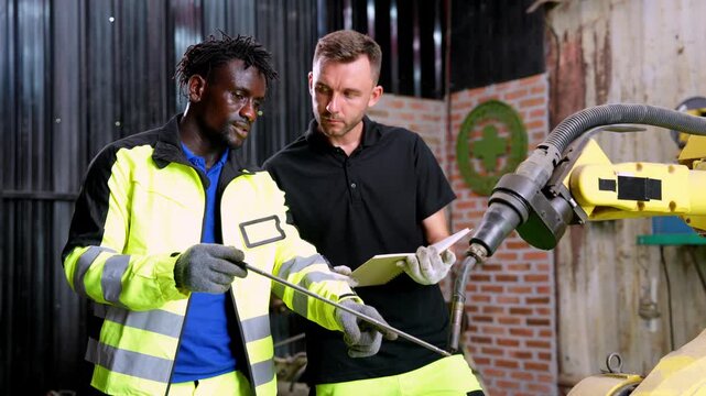Collaboration in industrial setting teamwork between workers factory environment training session practical skills