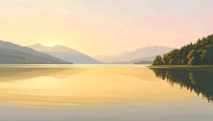 Fototapeta premium Calm lake with distant mountain peaks fading into haze and soft golden light