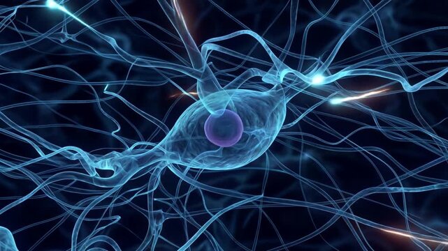 3D visualization of neurons firing electrical impulses through a complex neural network