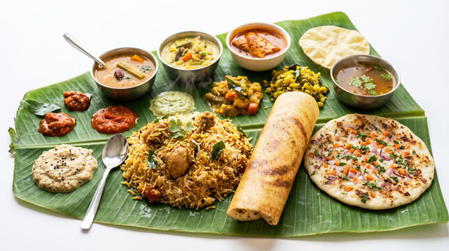 Authentic South Indian Thali Meal Served on Banana Leaf