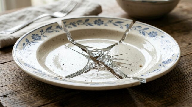 Broken plate on wooden table with fork and napkin, detail, close up.