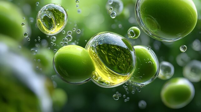 Close-up of green bubbles and droplets under light reflection.