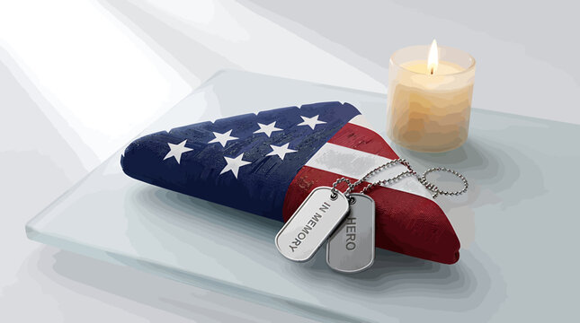 Honoring valor and sacrifice a folded American flag, military dog tags, and a lit candle create a poignant memorial, remembering heroes' ultimate devotion