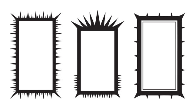 Gothic spike and thorn narrow rectangle frame set with icicle drip, crown top and dark barbed silhouette borders for Halloween horror and grunge poster design