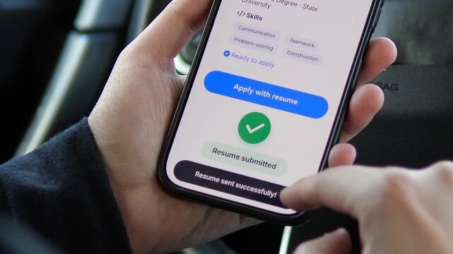 Close-up of a person successfully applying for a job via a mobile app. High-quality footage of digital recruitment and career growth. Perfect for business, HR, and tech projects. Represent the future