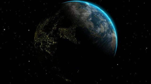 Realistic orbital view of Earth rotating in vast space with countless bright star clusters