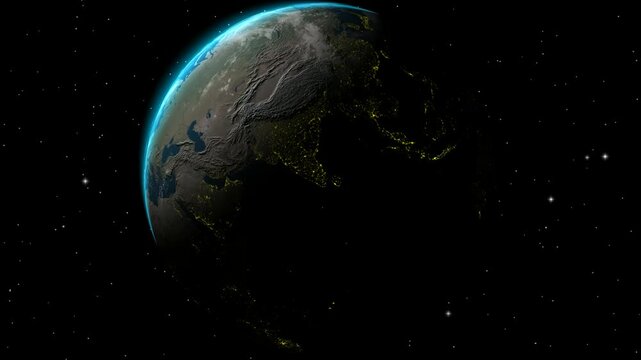 Detailed planet Earth spin reveal with city lights and blue atmosphere in infinite cosmos
