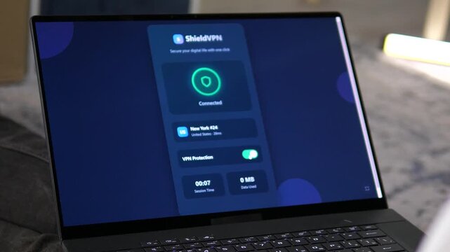 Professional visual of a VPN service in action on a laptop. Features a clean modern interface with server selection and connection status. Ideal for tech tutorials, corporate security ads, and