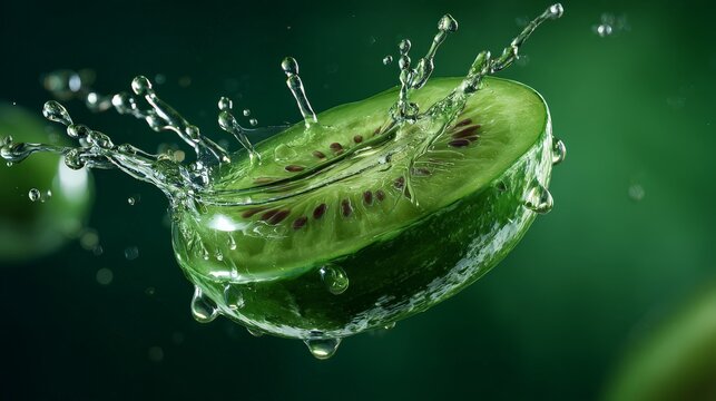 Fresh kiwi slice splashes into water, creating vibrant droplets. Healthy organic food clean eating natural nutrition wellness lifestyle fresh ingredients.
