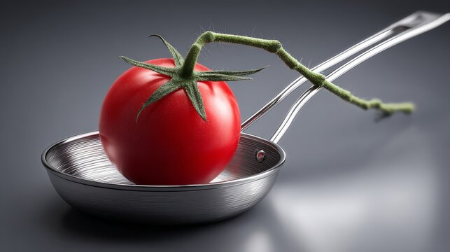 Fresh red tomato on a sleek metallic spoon against a dark background. Healthy organic food clean eating natural nutrition wellness lifestyle fresh ingredients.
