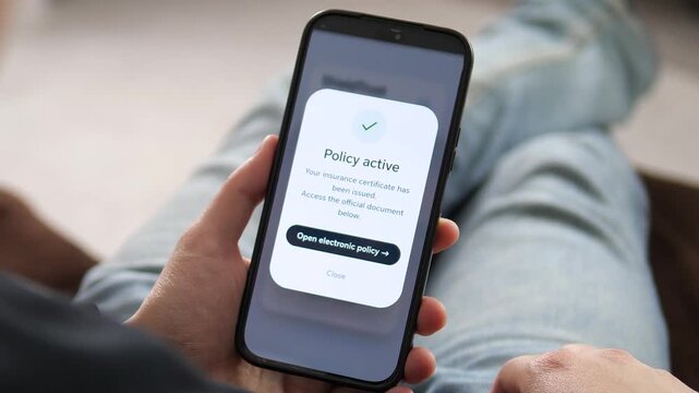 Getting insured in seconds. Person activates a mobile insurance policy at home. Sequence captures the seamless transition from application to active status. Great for app demos, lifestyle tech, and