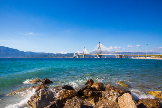 Panoramic View of Rio-Antirrio Bridge from the Pebble Beach in Greece