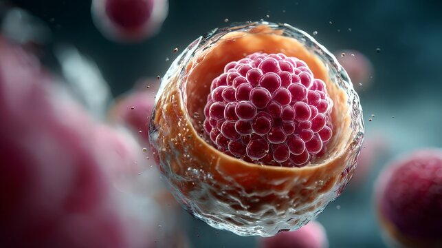 Microscopic view of a vibrant cell nucleus on a dark background. Healthcare medical technology patient care biotechnology health protection medical concept.
