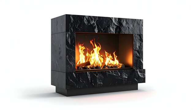 Textured black stone fireplace with bright flames and logs inside