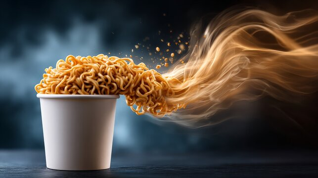 Steaming noodles overflowing from a cup with an artistic flair.