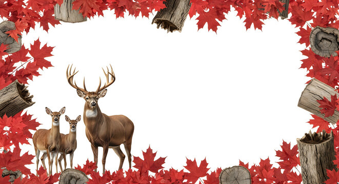 Deer and fawns in autumn leaves border
