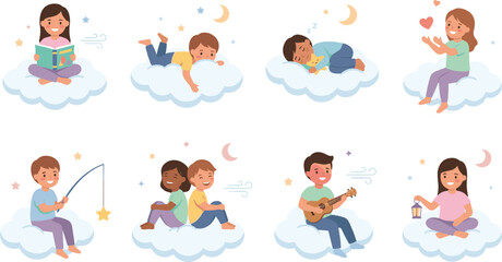 Naklejka premium Set of Diverse Children Sitting on Soft Clouds Engaging in Dreamy Activities Like Reading, Sleeping, and Fishing for Stars for Bedtime Stories, Nursery Decor, and Preschool Education Designs