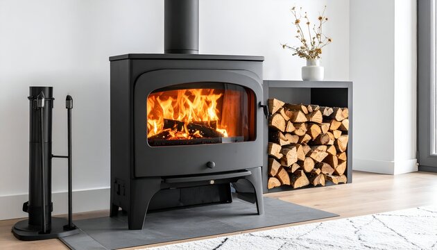 Wood burning stove with visible flames in modern living room setting