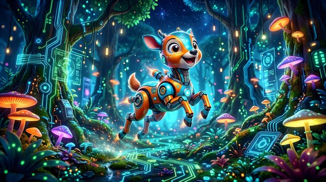 A 3D illustration of a futuristic AI mouse deer jumping through a neon cyber forest with glowing mushrooms and digital technology elements. A cute, robotic-style character with a cheerful expression 
