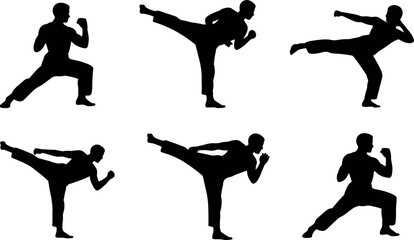 Professional black silhouette vector illustration of martial arts athletes performing high kicks and karate poses for sports and fitness designs. © BIPUL