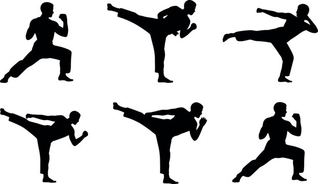 Professional black silhouette vector illustration of martial arts athletes performing high kicks and karate poses for sports and fitness designs.