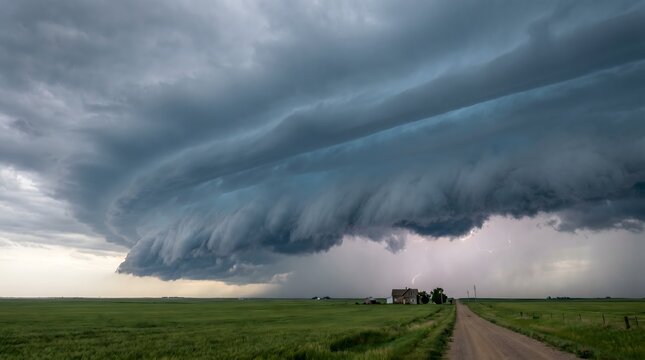 Massive Shelf Cloud Rolling Over Green Prairie Like a Dark Ocean Wave
