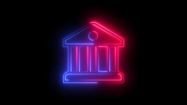 Neon icon of a classical building with columns glowing pink and blue architecture legal government justice art architecture legal government justice art