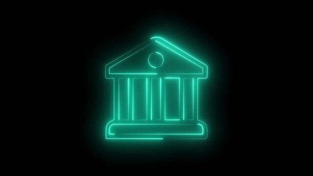 Neon icon of a classical building with columns glowing bright cyan teal architecture legal government justice teal architecture legal government justice