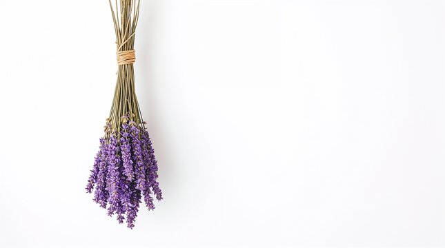 Dried lavender flower bunch hanging upside down on white background rustic home decor concept