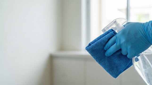 Person with OCD performing meticulous cleaning routine; bright minimalist home interior; spray bottle and blue gloves
