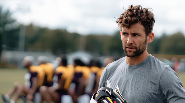 Coach holding football helmets on sports field during practice