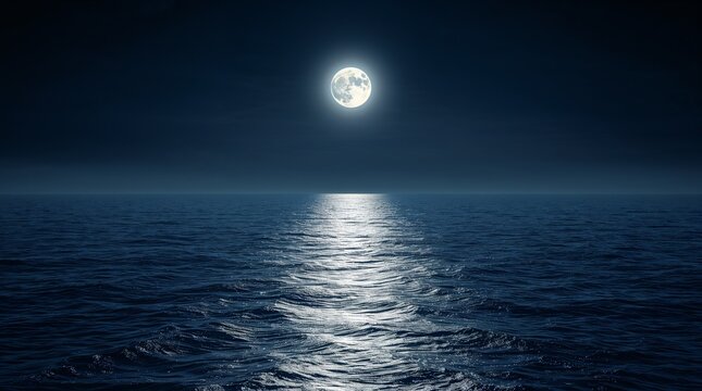 Full moon reflecting on calm ocean water surface at night seascape