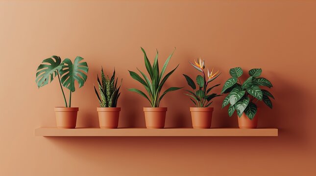 Tropical houseplants in terracotta pots on wooden shelf against warm orange wall for interior design concept