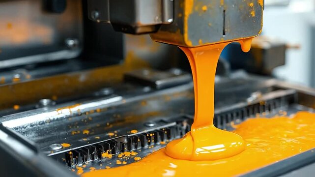 Orange liquid being dispensed from industrial machinery in a close-up shot.
