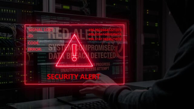 Hacker attacking secure server room in front of computer monitor with red security alert notification on screen display.