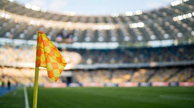 Yellow and orange checkered corner flag in a professional soccer stadium for sports betting and matchday analytics