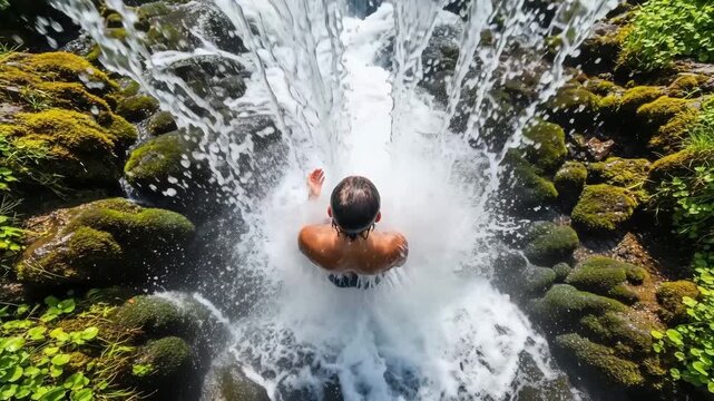 overview Man diving into natural waterfall pool surrounded by greenery  